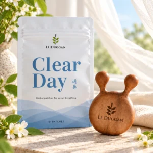 image of the clear day duo bundle showing the clear day patches and nose massage tool