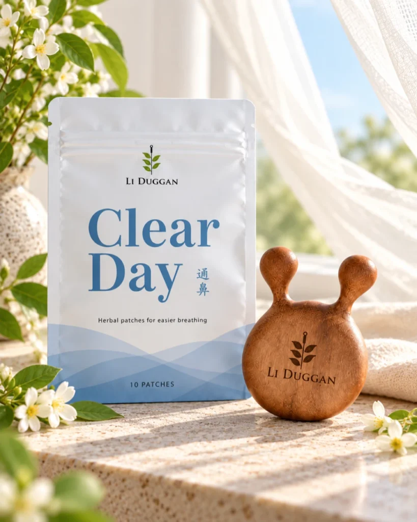 image of the clear day duo bundle showing the clear day patches and nose massage tool